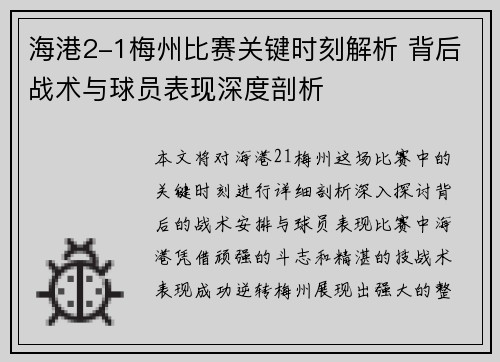 海港2-1梅州比赛关键时刻解析 背后战术与球员表现深度剖析