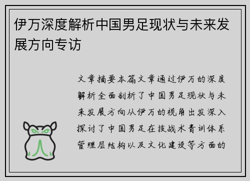 伊万深度解析中国男足现状与未来发展方向专访